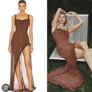HELSA Sheer Ruffled Brown Long Dress